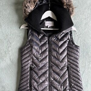 BCBGeneration Gray Feather Quilted Vest with Faux Fur Hood Thick and Warm